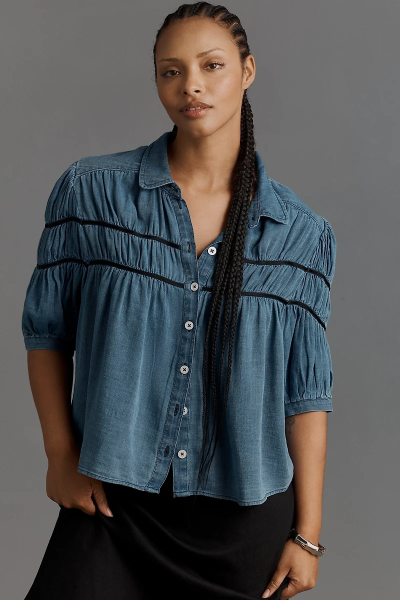 The Leandra Shirred Yoke Blouse by Maeve: Denim Edition