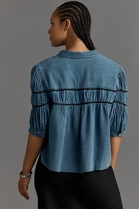The Leandra Shirred Yoke Blouse by Maeve: Denim Edition