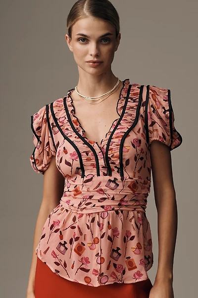 Anisa Makhoul x Maeve V-Neck Puff-Sleeve Printed Blouse