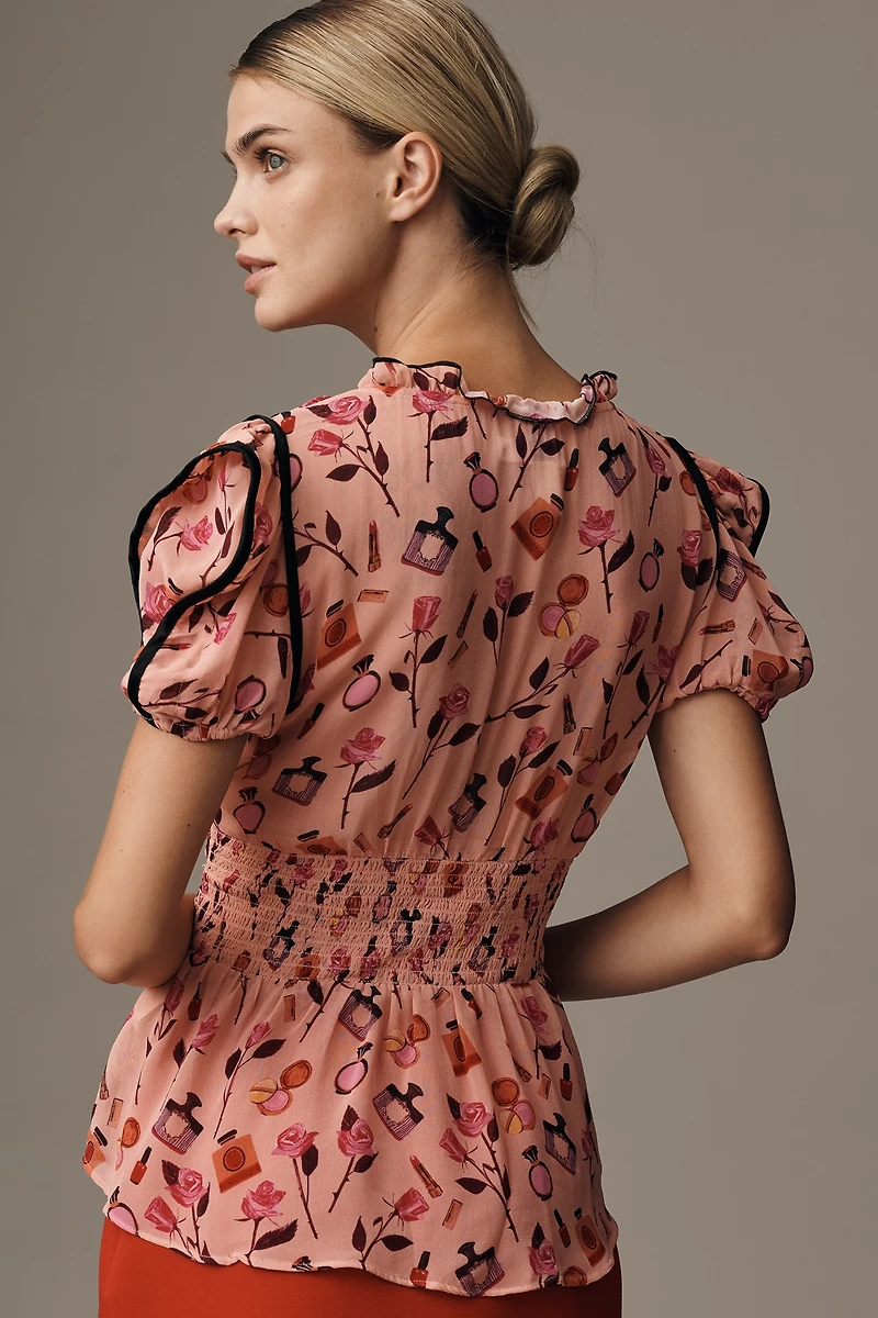 Anisa Makhoul x Maeve V-Neck Puff-Sleeve Printed Blouse