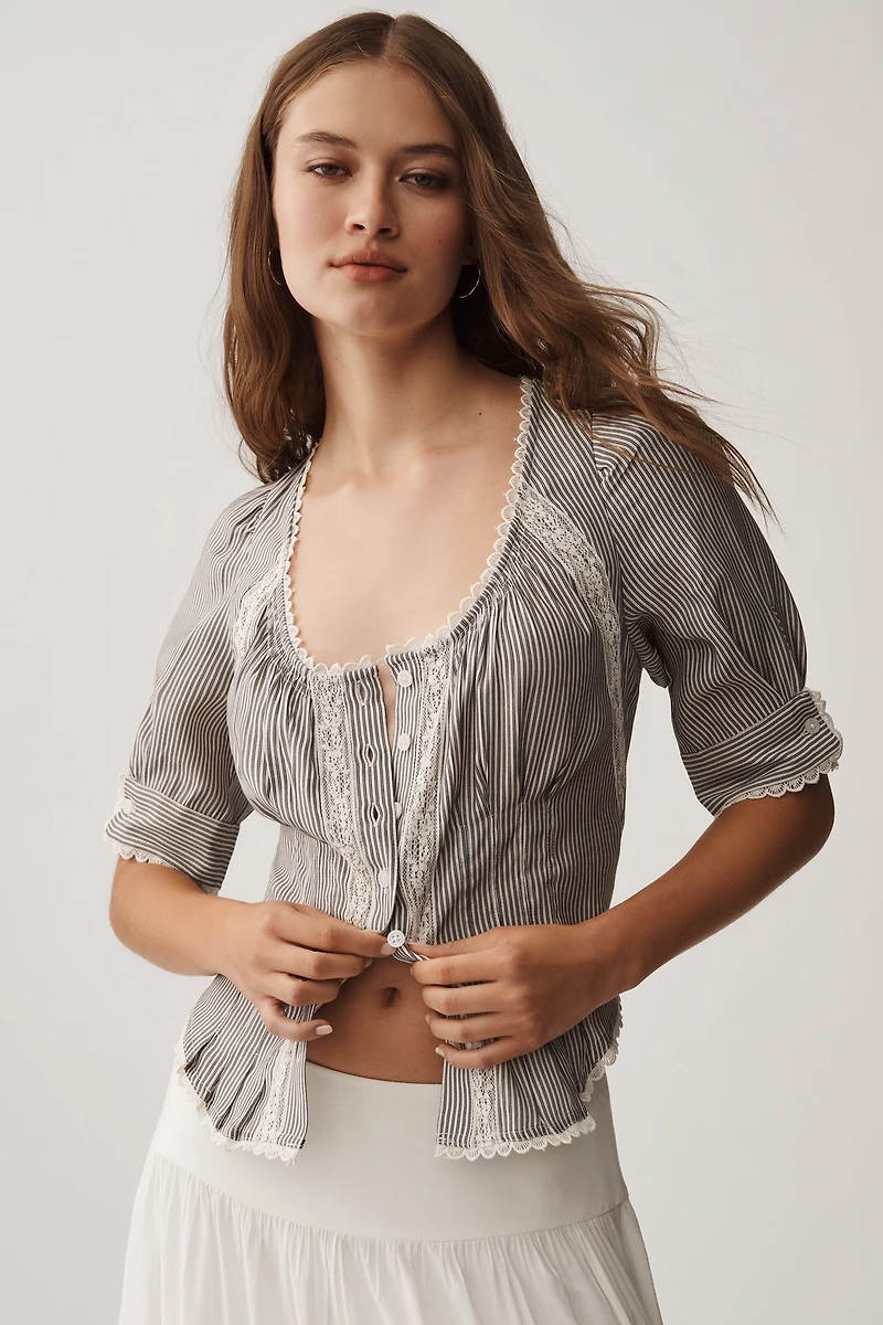 By Anthropologie Short-Sleeve Pintuck Button-Front Blouse