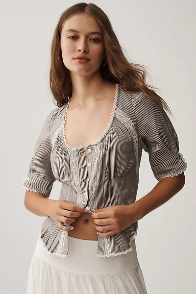 By Anthropologie Short-Sleeve Pintuck Button-Front Blouse