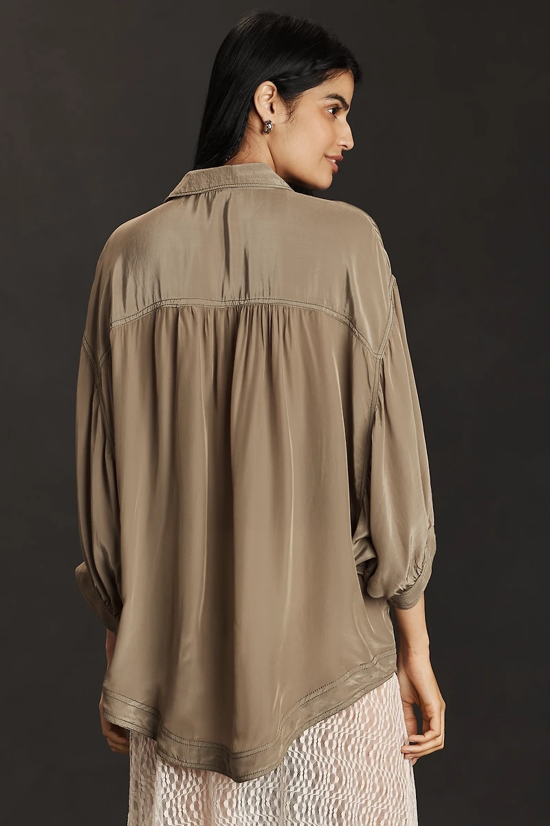 Pilcro Short-Sleeve Silky Buttondown Top