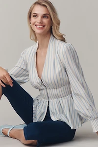 The Tommie Long-Sleeve Smocked Front-Zip Blouse