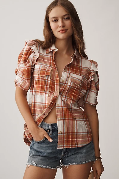 The Ozzi Plaid Ruffle-Sleeve Buttondown Shirt by Pilcro