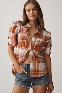 The Ozzi Plaid Ruffle-Sleeve Buttondown Shirt by Pilcro