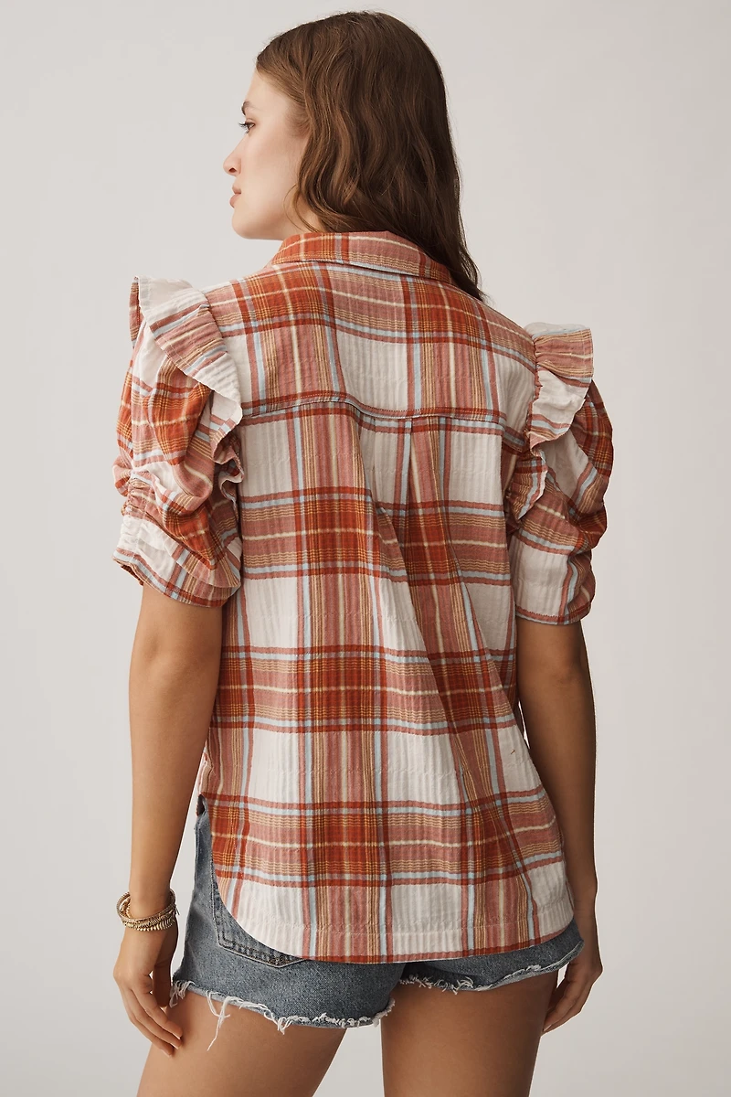 The Ozzi Plaid Ruffle-Sleeve Buttondown Shirt by Pilcro