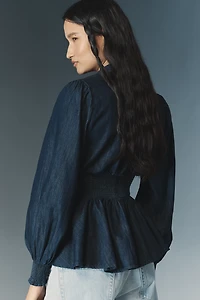 The Tommie Long-Sleeve Denim Smocked Front-Zip Blouse