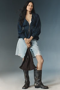 The Tommie Long-Sleeve Denim Smocked Front-Zip Blouse