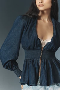 The Tommie Long-Sleeve Denim Smocked Front-Zip Blouse
