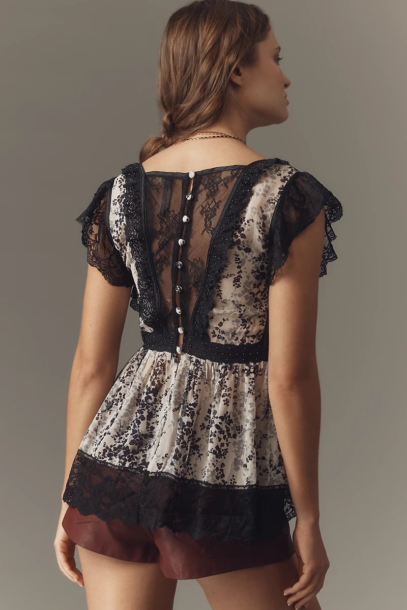 By Anthropologie Lace & Faux-Leather Top