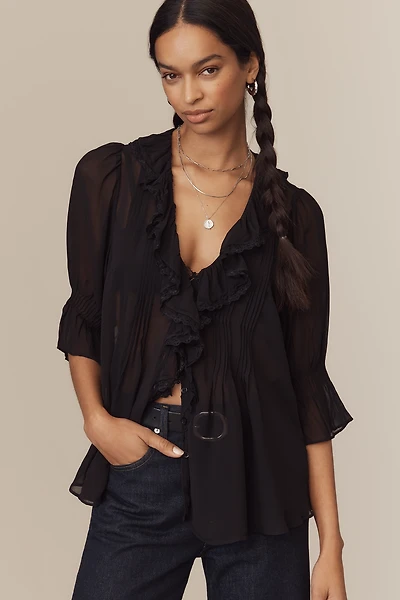 By Anthropologie Sheer Ruffle Blouse