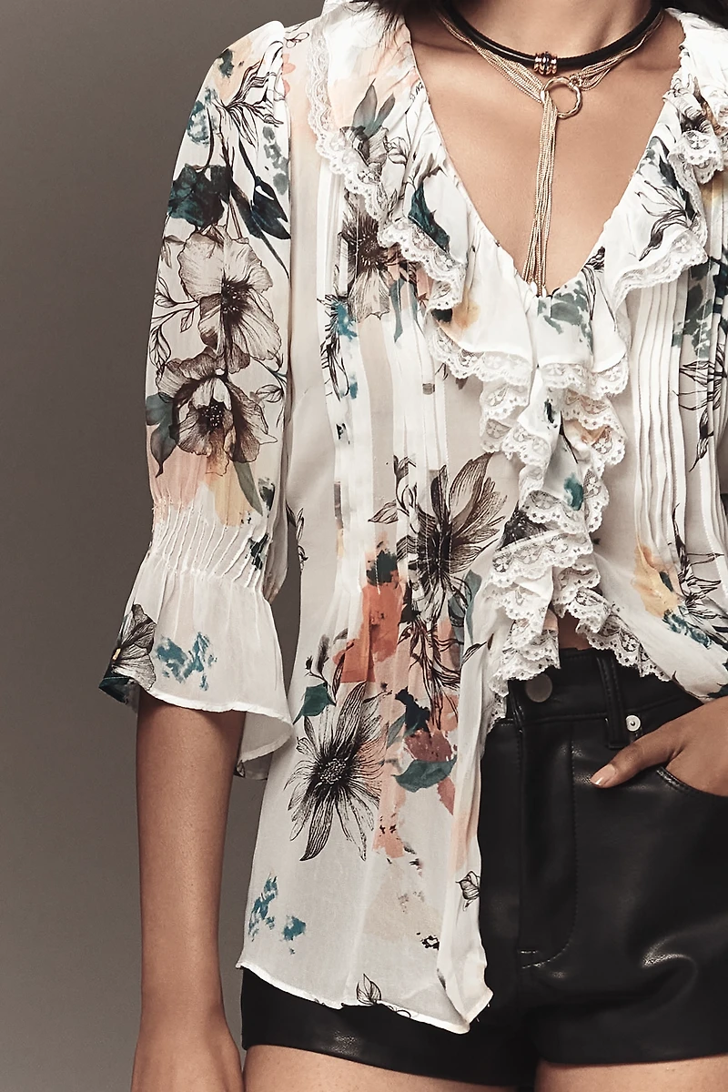 By Anthropologie Sheer Ruffle Blouse
