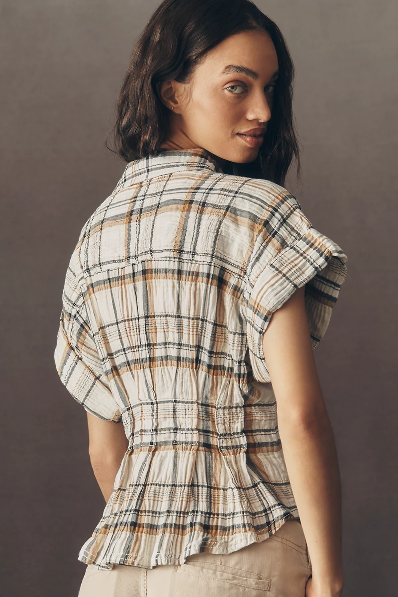 The Bobbie Short-Sleeve Fitted-Waist Plaid Blouse by Pilcro