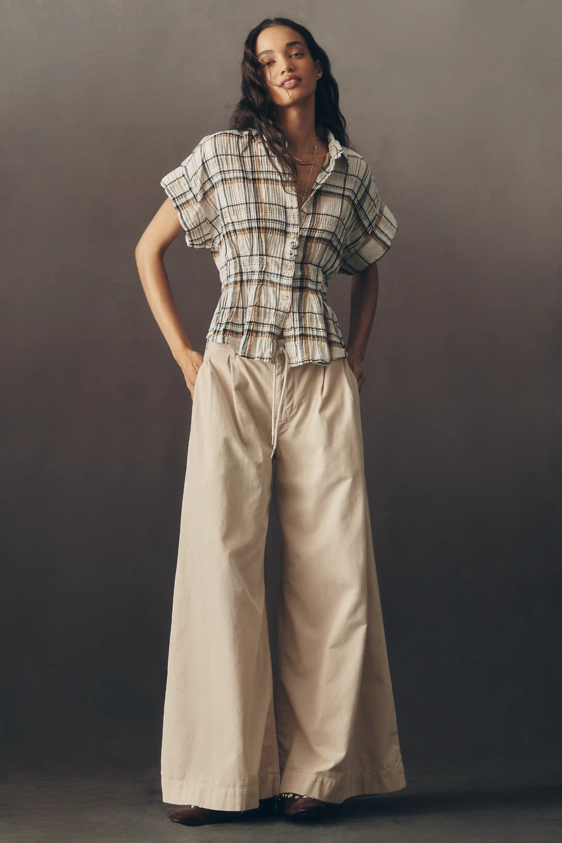 The Bobbie Short-Sleeve Fitted-Waist Plaid Blouse by Pilcro