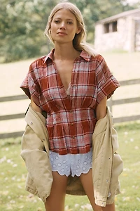 The Bobbie Short-Sleeve Fitted-Waist Plaid Blouse by Pilcro