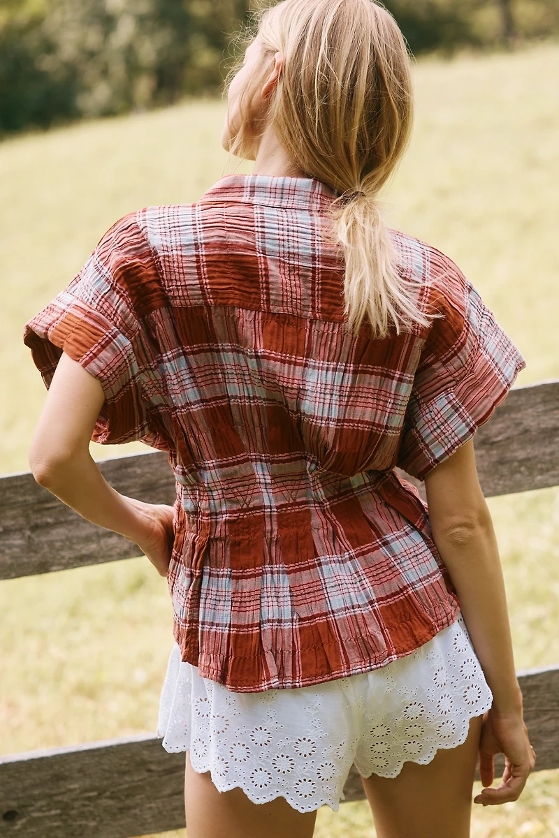 The Bobbie Short-Sleeve Fitted-Waist Plaid Blouse by Pilcro