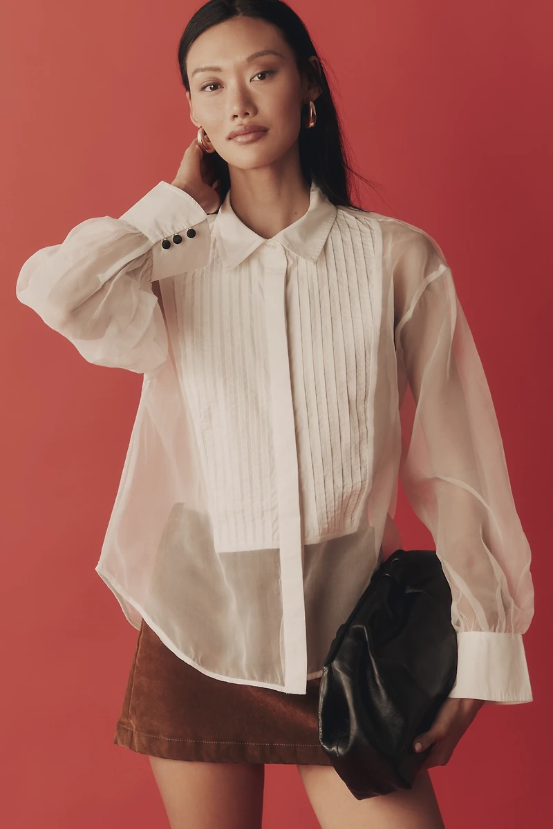 By Anthropologie Sheer Cuffed Organza Buttondown Top