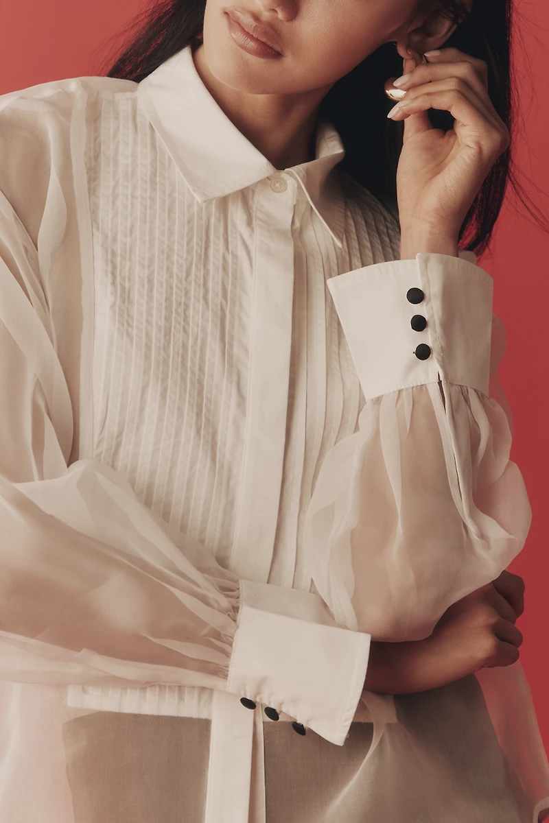 By Anthropologie Sheer Cuffed Organza Buttondown Top