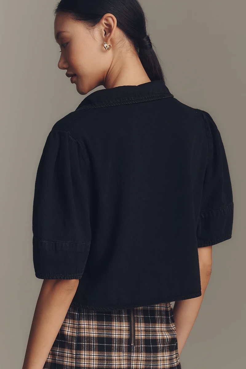 Pilcro Lantern-Sleeve Collared Crop Blouse