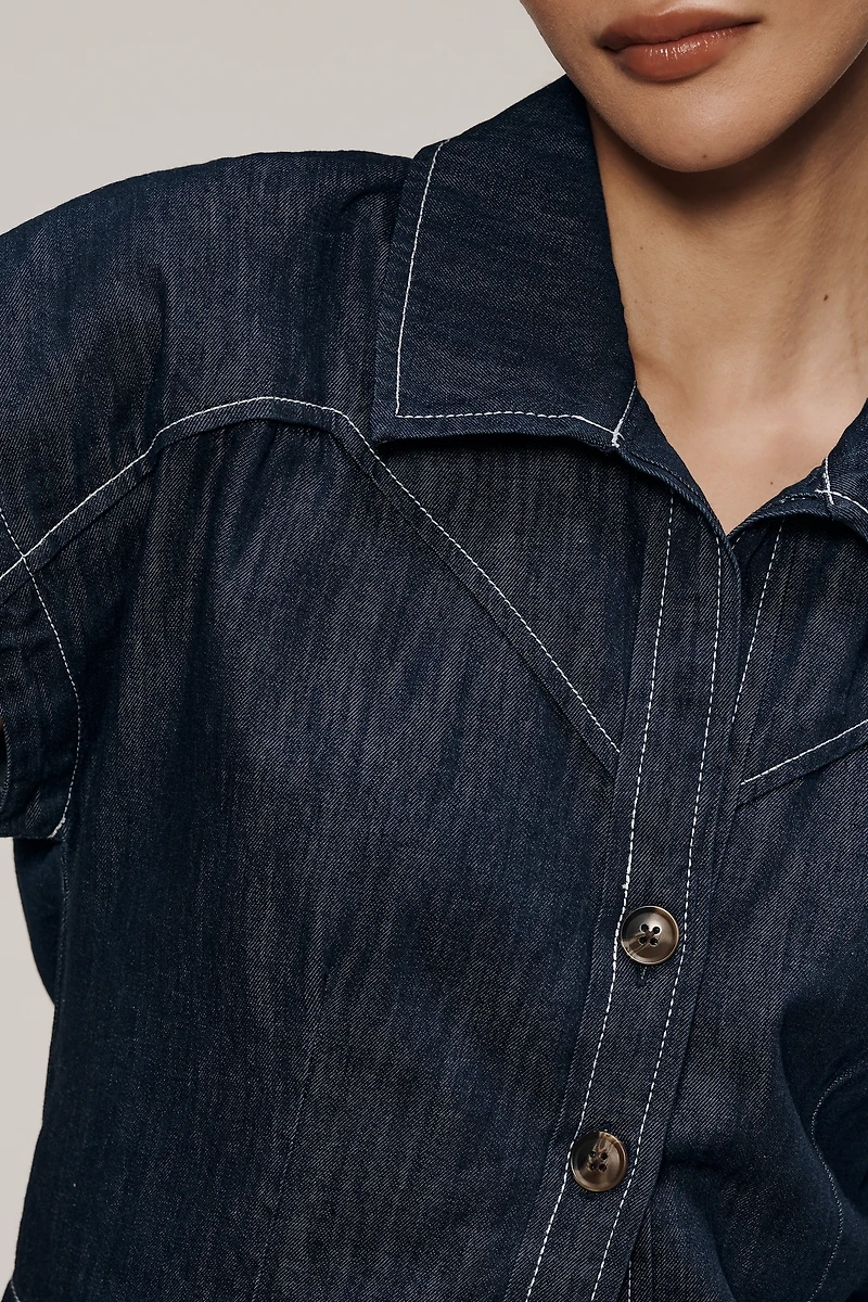 Maeve Denim Short Sleeve Crop Button-Front Top