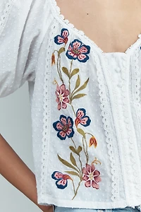 By Anthropologie 100% Cotton Embroidered Puff-Sleeve Blouse