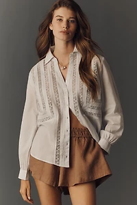 By Anthropologie Lace Inset Long-Sleeve Buttondown Top