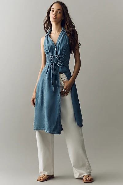 100% Cotton Denim Midi Button-Front Blouse