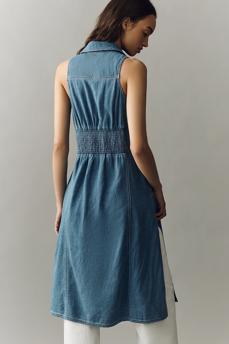 100% Cotton Denim Midi Button-Front Blouse