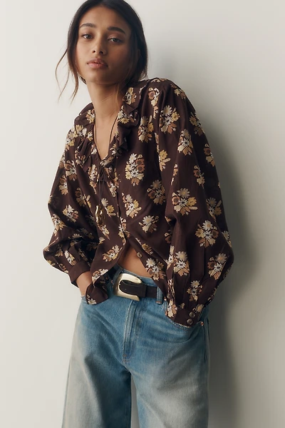 Pilcro Remy Shrunken Ruffle Collar Buttondown Shirt