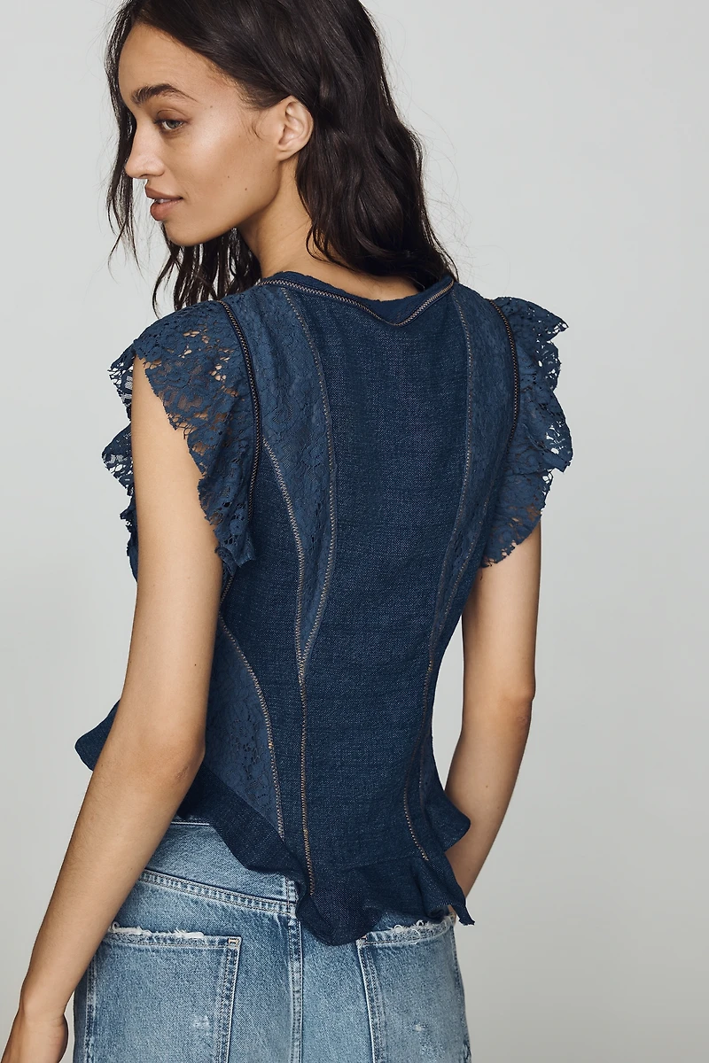By Anthropologie Lace Flutter-Sleeve Top