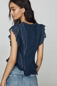 By Anthropologie Lace Flutter-Sleeve Top