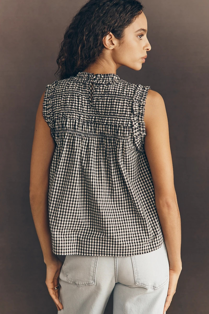 RAISONNEL Gingham Ruffle Sleeveless Swing Top