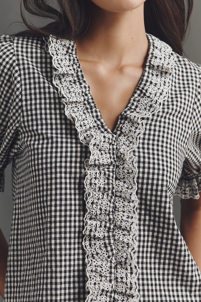 RAISONNEL Gingham Lace Ruffle Top