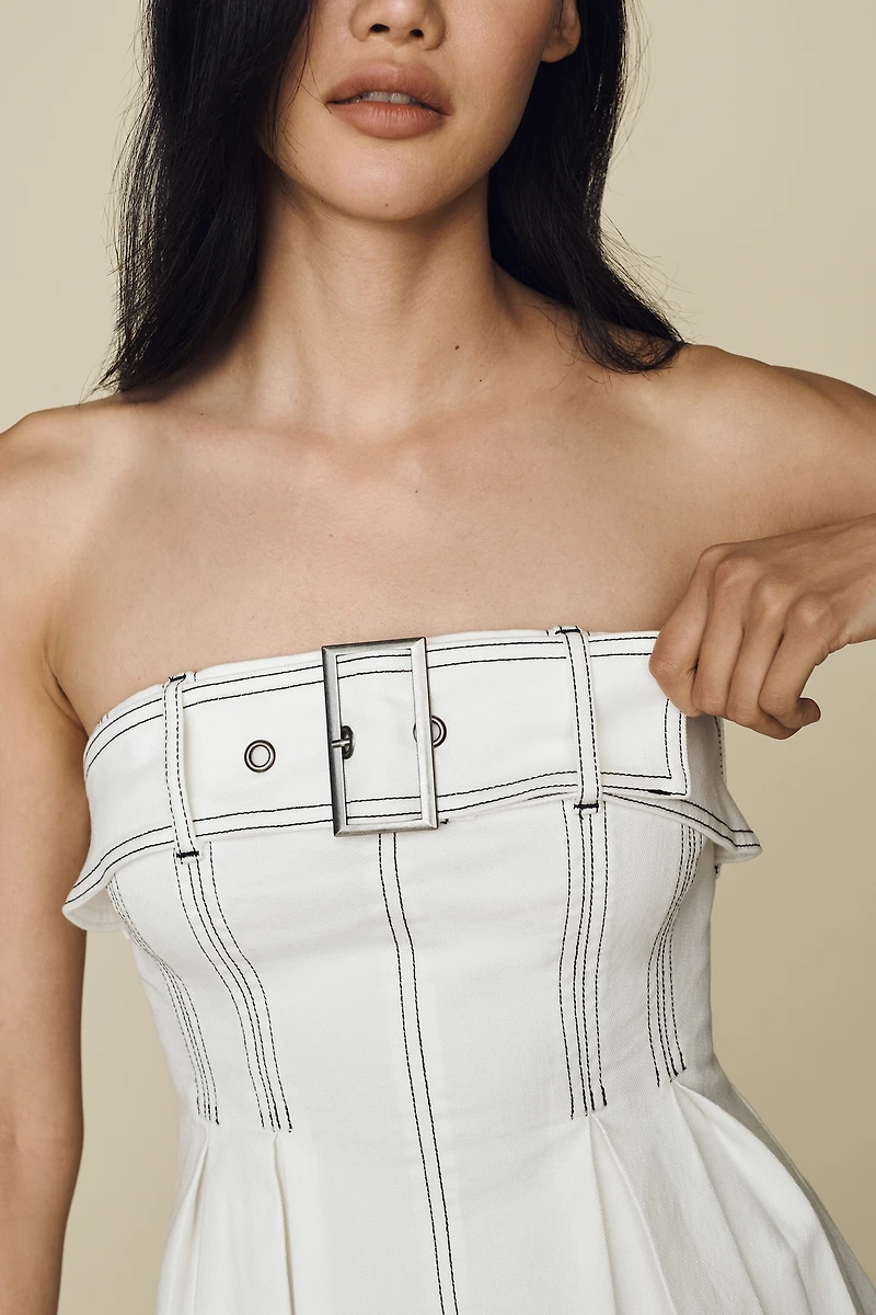 Pilcro Belted Strapless Denim Peplum Top