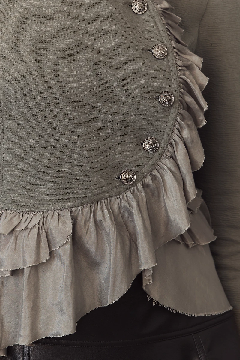 By Anthropologie Curved Ruffle Military Cardigan Sweater