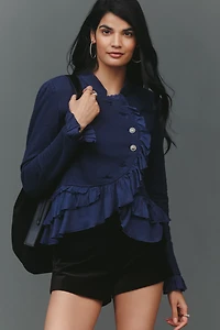 By Anthropologie Curved Ruffle Military Cardigan Top