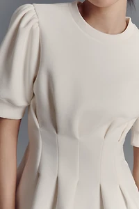 Maeve Puff-Sleeve Pleated-Waist Peplum Top