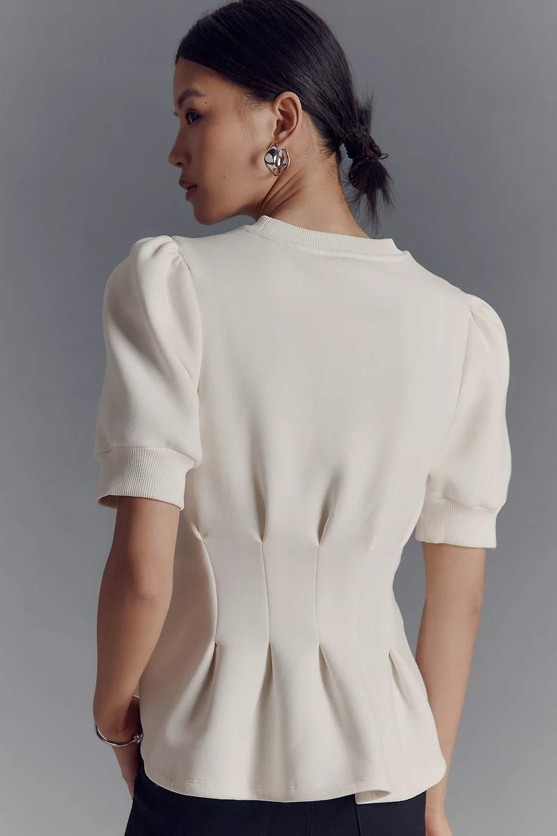 Maeve Puff-Sleeve Pleated-Waist Peplum Top