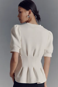 Maeve Puff-Sleeve Pleated-Waist Peplum Top