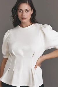 Maeve Puff-Sleeve Pleated-Waist Peplum Top