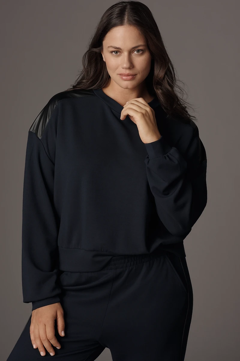 Maeve Faux-Leather Trim Crew-Neck Sweatshirt