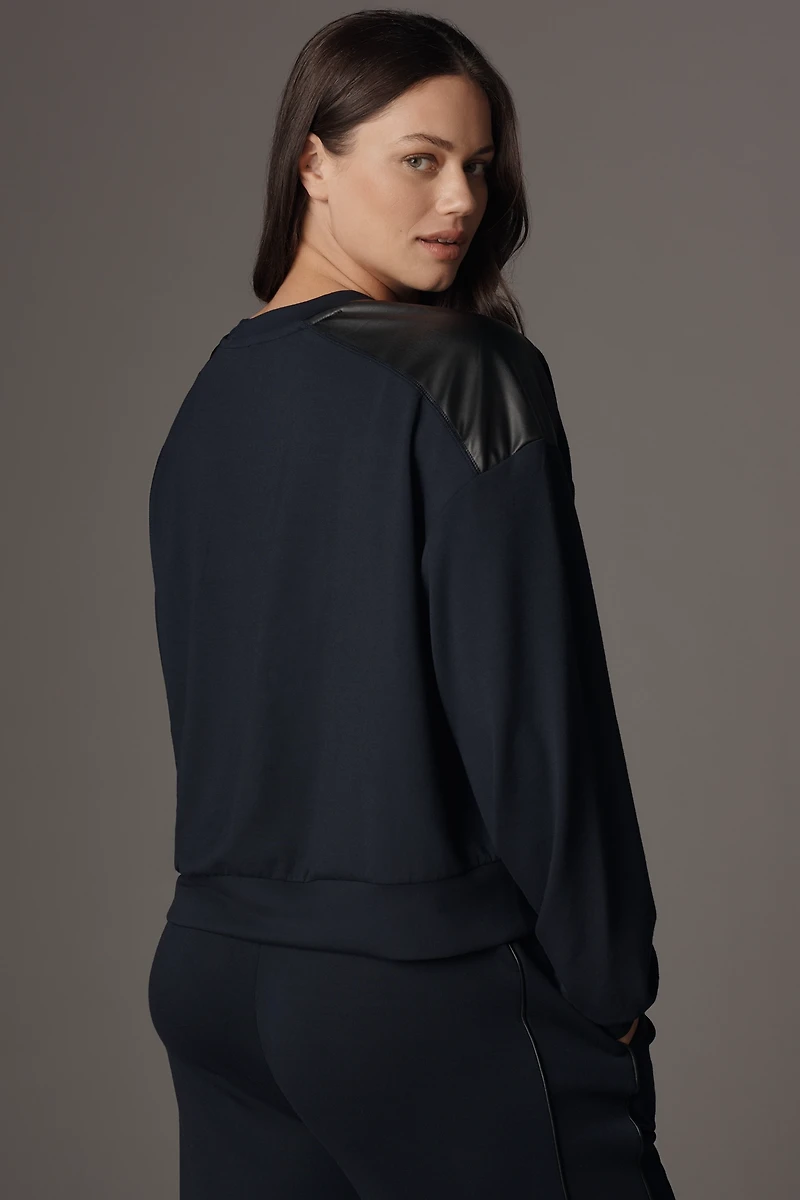 Maeve Faux-Leather Trim Crew-Neck Sweatshirt