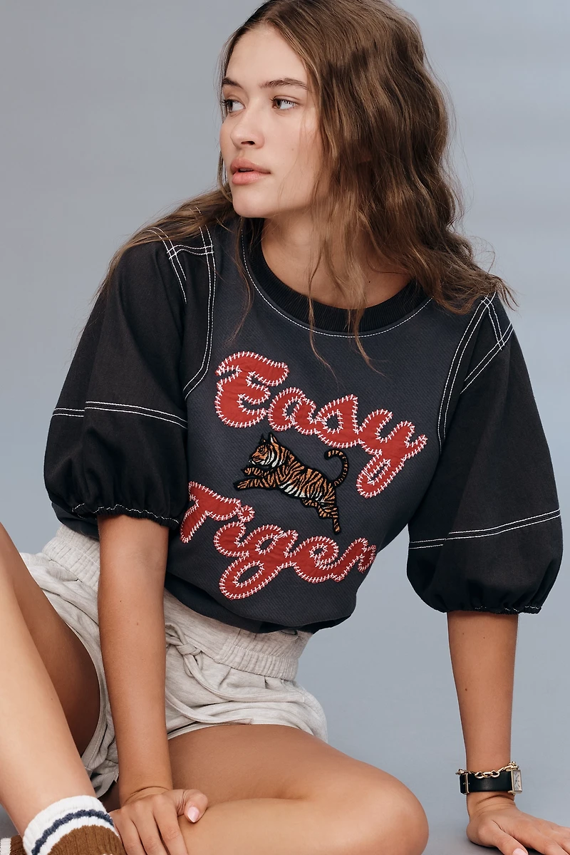 Pilcro Short-Sleeve Easy Tiger Graphic Sweatshirt