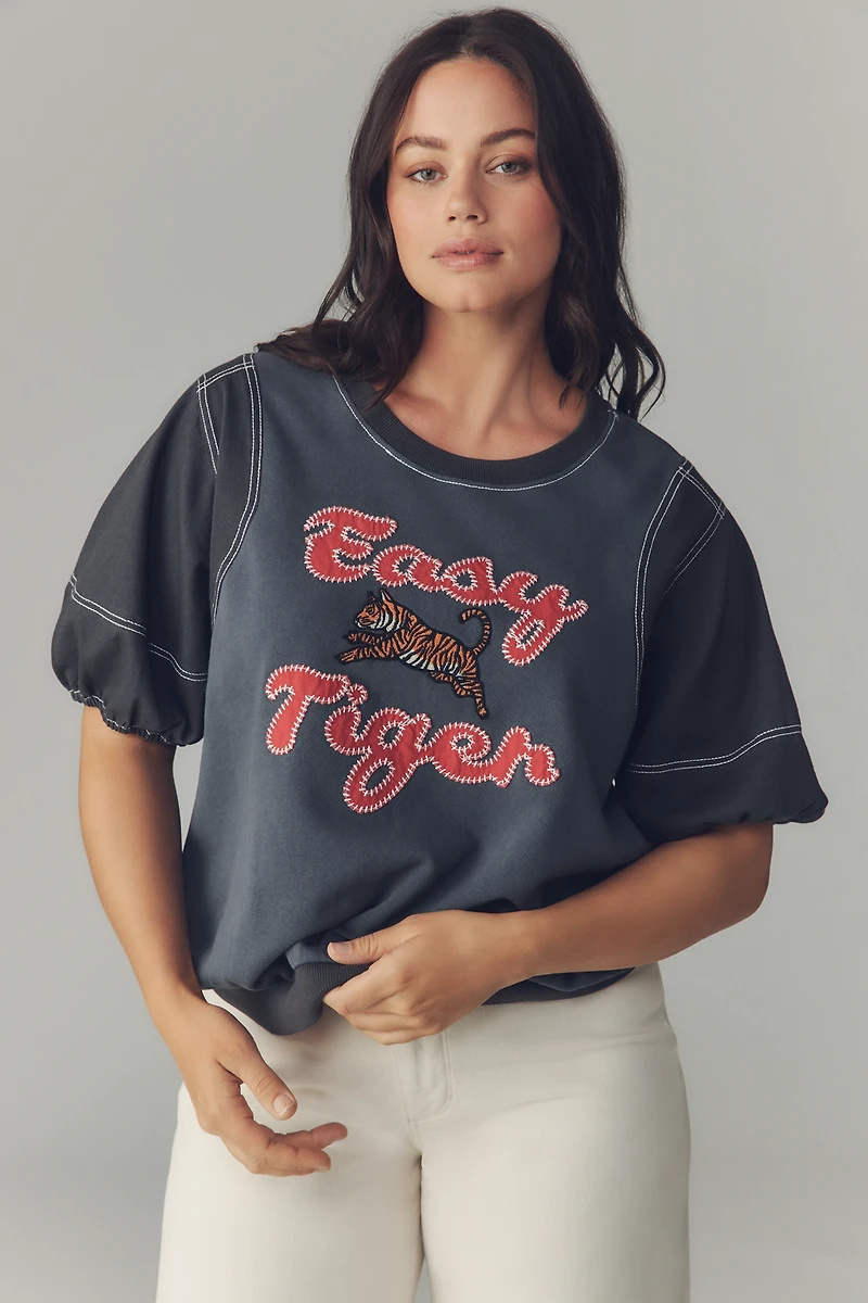 Pilcro Short-Sleeve Easy Tiger Graphic Sweatshirt