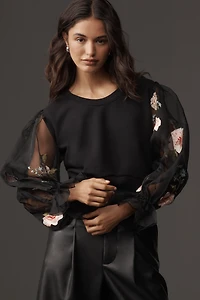 By Anthropologie Embroidered Floral Sheer Long-Sleeve Top