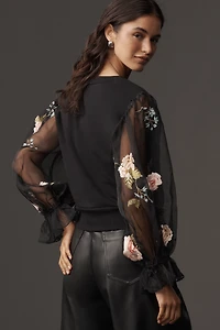 By Anthropologie Embroidered Floral Sheer Long-Sleeve Top