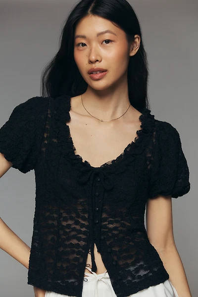 By Anthropologie Sheer Lace Puff-Sleeve Top