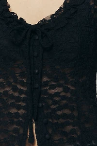 By Anthropologie Sheer Lace Puff-Sleeve Top
