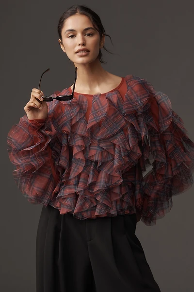 Dolan Left Coast Ruffle Plaid Crew-Neck Blouse